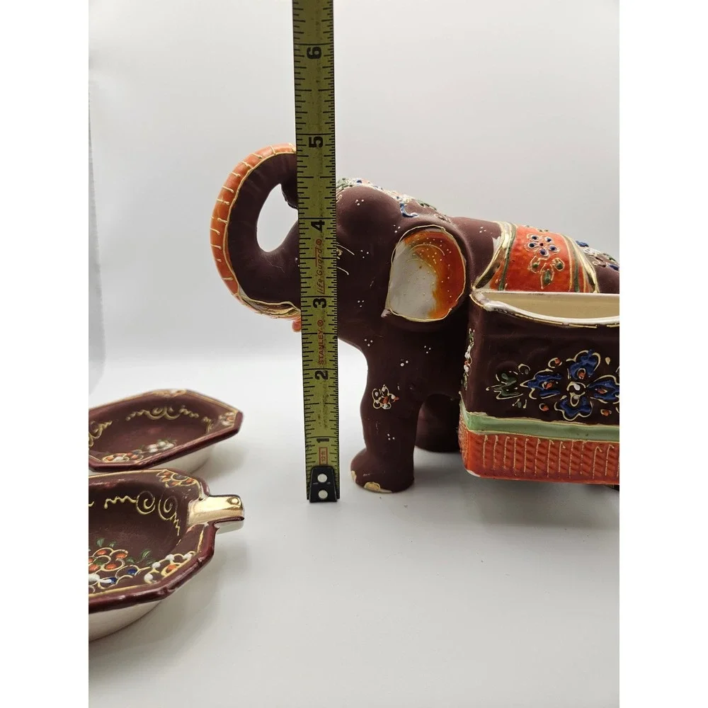 Vintage 1920s Japanese Satsuma Moriage Elephant Ashtray and Cigarette Holder Set